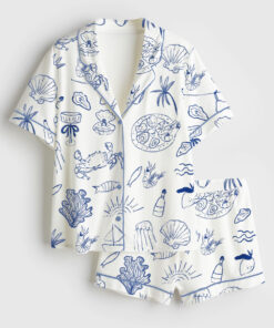 Women's Hand Drawn Coastal Icon Summer Line Art Dolce Vita Amalfi Coast Print Short Sleeve Satin Pajama Set