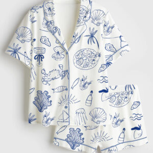 Womenâ€™s Hand Drawn Coastal Icon Summer Line Art Dolce Vita Amalfi Coast Print Short Sleeve Satin Pajama Set