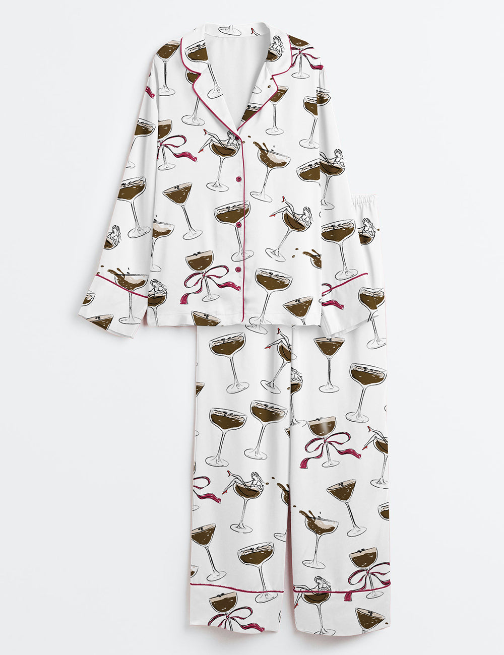 Women's Hand Drawn Espresso Martini Color Long Sleeve Satin Pajama Set