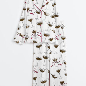 Women's Hand Drawn Espresso Martini Color Long Sleeve Satin Pajama Set