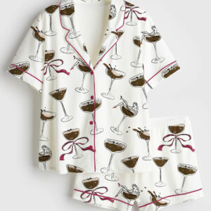 Women's Hand Drawn Espresso Martini Color Short Sleeve Satin Pajama Set