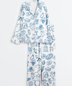 Women's Hand Drawn Greek Food Greece Bundle Of Food Greek Wedding Long Sleeve Satin Pajama Set