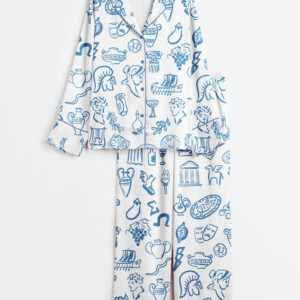 Womenâ€™s Hand Drawn Greek Food Greece Bundle Of Food Greek Wedding Long Sleeve Satin Pajama Set