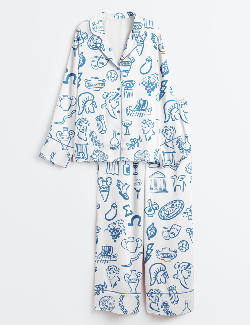 Womenâ€™s Hand Drawn Greek Food Greece Bundle Of Food Greek Wedding Long Sleeve Satin Pajama Set