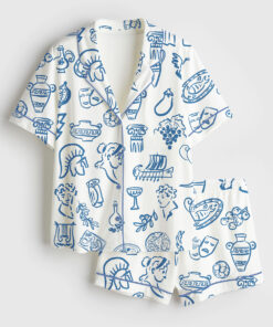 Women's Hand Drawn Greek Food Greece Bundle Of Food Greek Wedding Short Sleeve Satin Pajama Set