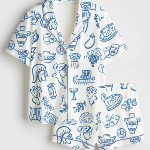 Womenâ€™s Hand Drawn Greek Food Greece Bundle Of Food Greek Wedding Short Sleeve Satin Pajama Set