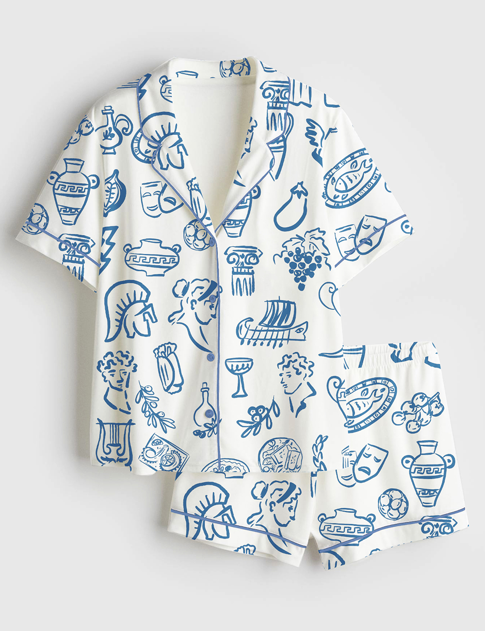 Womenâ€™s Hand Drawn Greek Food Greece Bundle Of Food Greek Wedding Short Sleeve Satin Pajama Set