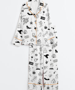 Women's Hand Drawn Halloween Bachelorette Whimsical Doodles Spooky Clipart for Halloween Movie Night & Witchy Bachelorette Party Invite Long Sleeve Satin Pajama Set