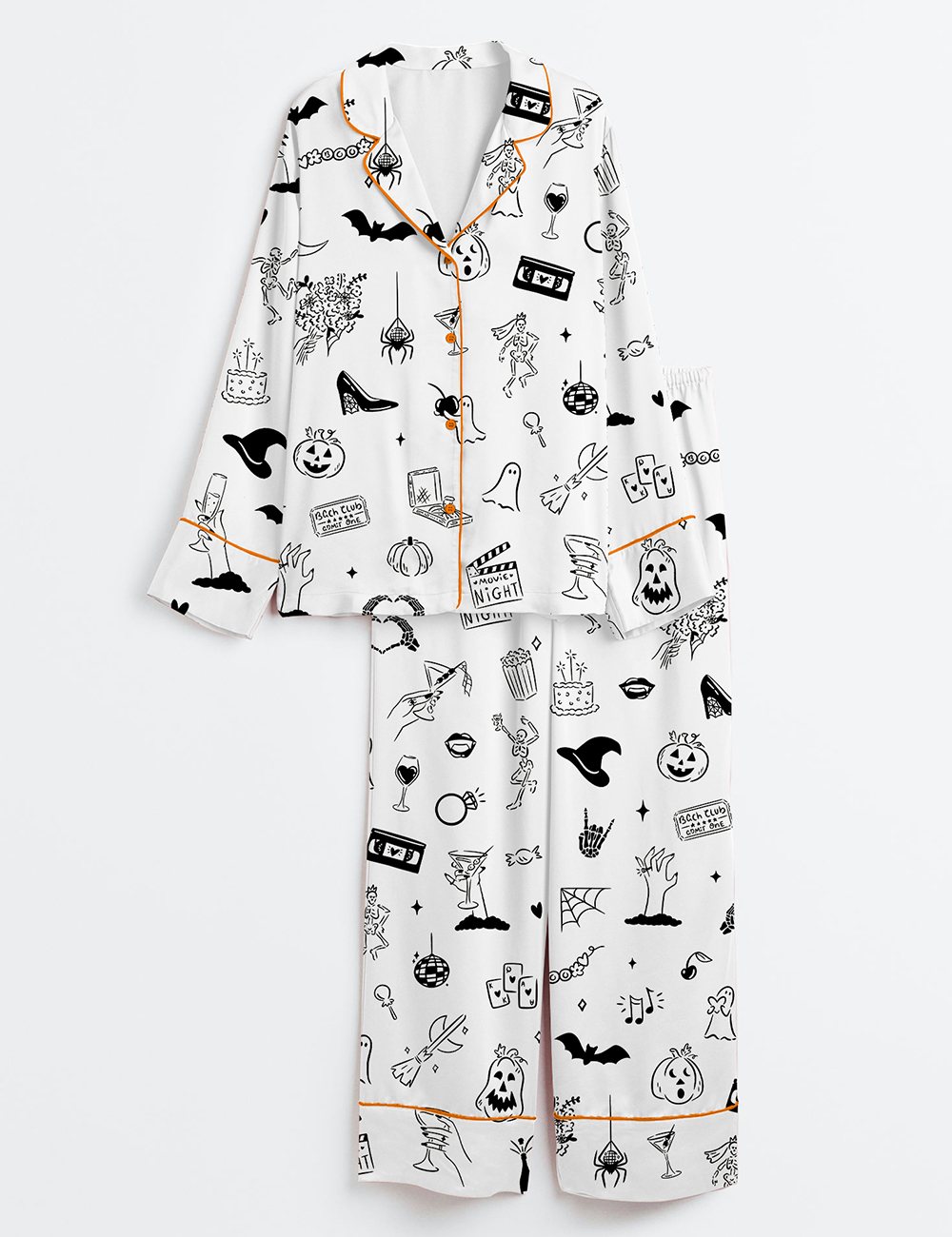 Womenâ€™s Hand Drawn Halloween Bachelorette Whimsical Doodles Spooky Clipart for Halloween Movie Night & Witchy Bachelorette Party Invite Long Sleeve Satin Pajama Set