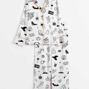 Women's Hand Drawn Halloween Bachelorette Whimsical Doodles Spooky Clipart for Halloween Movie Night & Witchy Bachelorette Party Invite Long Sleeve Satin Pajamas Set