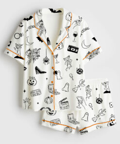 Women's Hand Drawn Halloween Bachelorette Whimsical Doodles Spooky Clipart for Halloween Movie Night & Witchy Bachelorette Party Invite Short Sleeve Satin Pajama Set