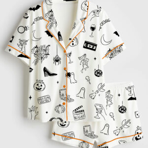 Womenâ€™s Hand Drawn Halloween Bachelorette Whimsical Doodles Spooky Clipart for Halloween Movie Night & Witchy Bachelorette Party Invite Short Sleeve Satin Pajama Set