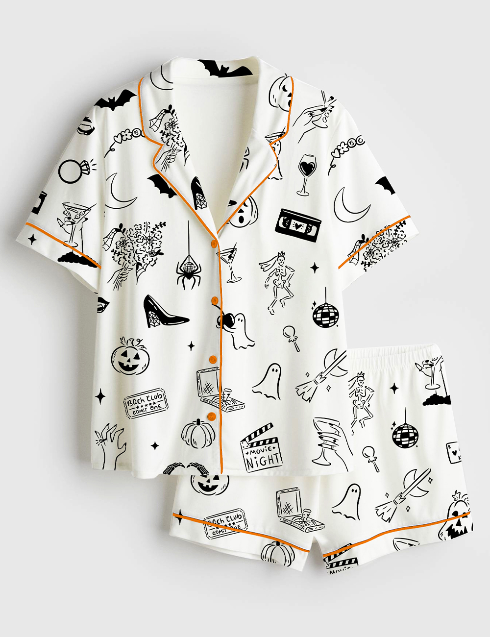 Womenâ€™s Hand Drawn Halloween Bachelorette Whimsical Doodles Spooky Clipart for Halloween Movie Night & Witchy Bachelorette Party Invite Short Sleeve Satin Pajama Set