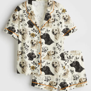 Womenâ€™s Hand Drawn Labrador Retriever Floral Pet Dog Lover Short Sleeve Satin Pajama Set