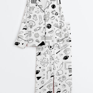 Womenâ€™s Hand Drawn Sport Football Basketball Baseball Soccer Doodles Long Sleeve Satin Pajama Set