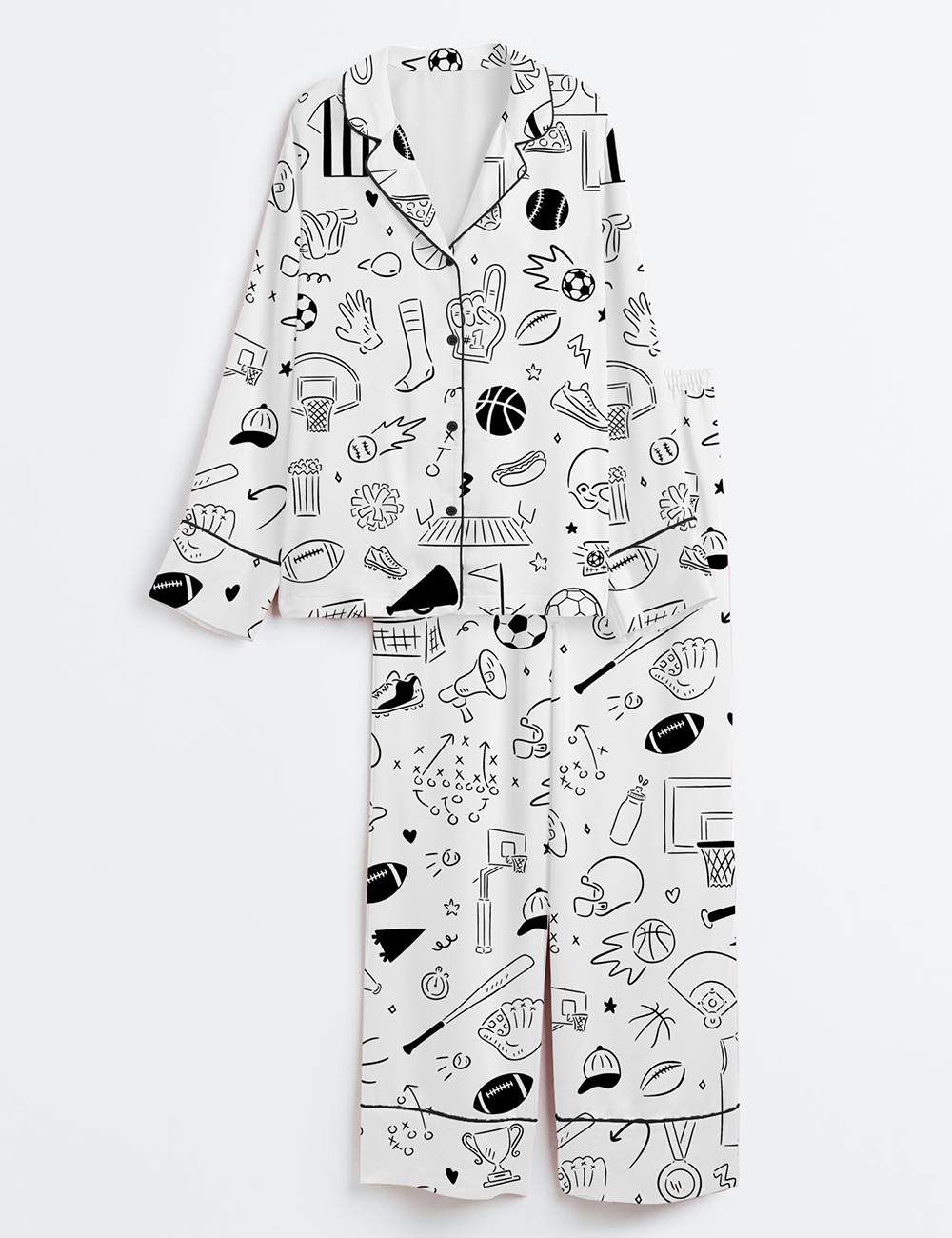 Womenâ€™s Hand Drawn Sport Football Basketball Baseball Soccer Doodles Long Sleeve Satin Pajama Set