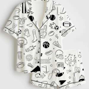 Womenâ€™s Hand Drawn Sport Football Basketball Baseball Soccer Doodles Short Sleeve Satin Pajama Set