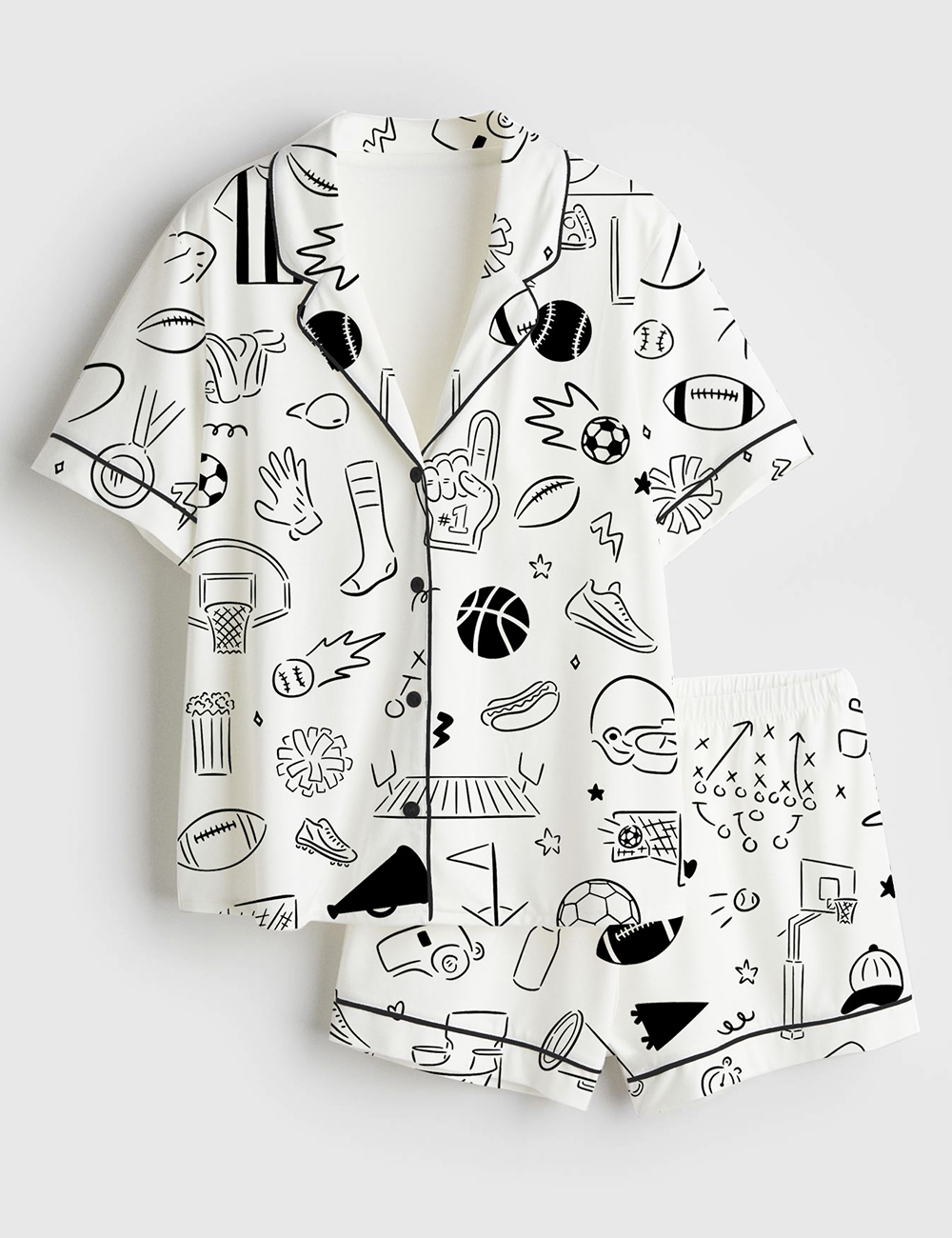 Womenâ€™s Hand Drawn Sport Football Basketball Baseball Soccer Doodles Short Sleeve Satin Pajama Set