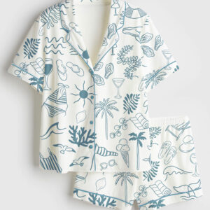 Womenâ€™s Hand Drawn Summer Beach Ocean Coastal Summer Nautical Bachelorette Print Short Sleeve Satin Pajama Set