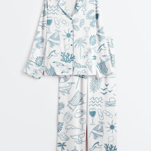 Womenâ€™s Hand Drawn Summer Beach Ocean Coastal Summer Nautical Print Long Sleeve Satin Pajama Set