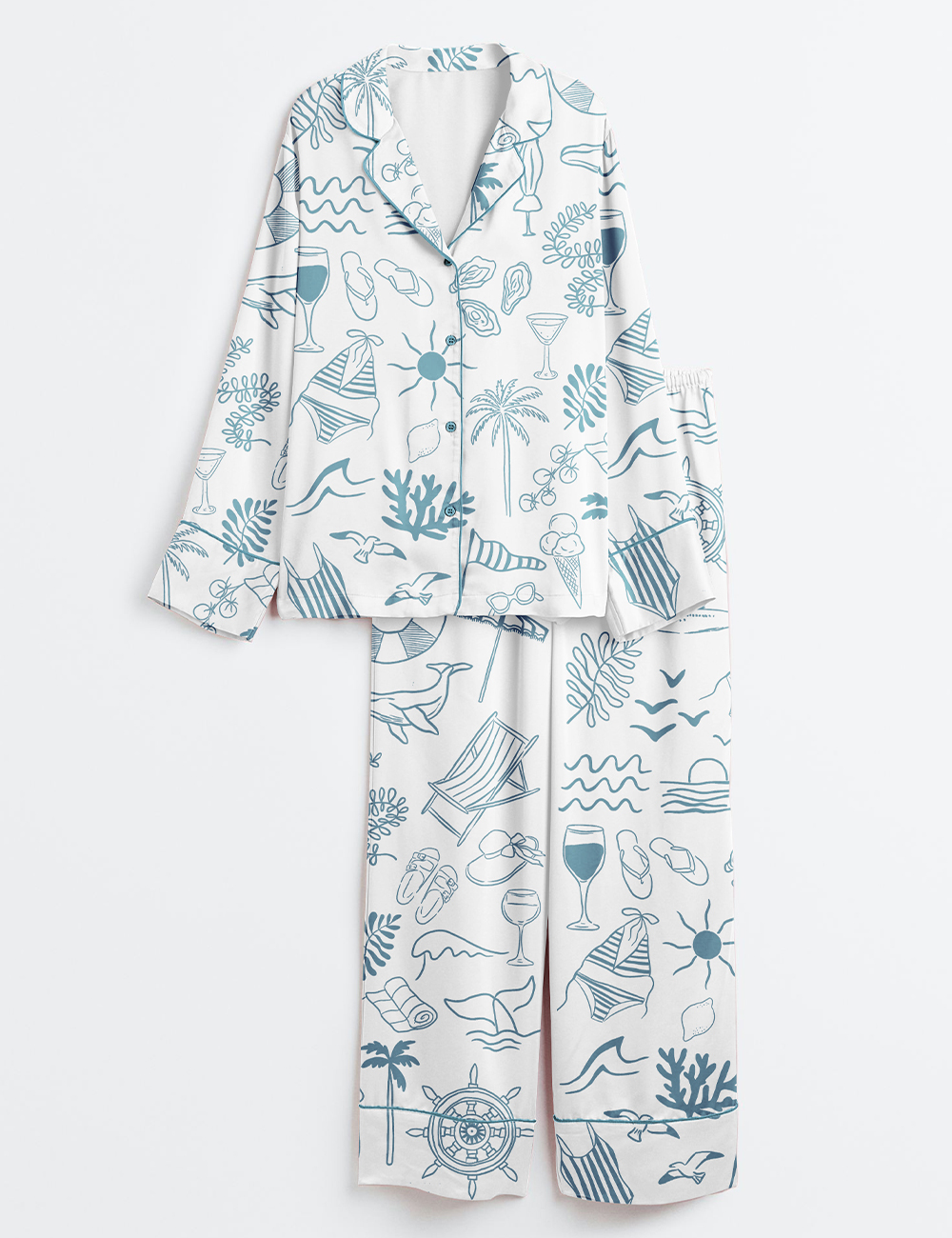 Women’s Hand Drawn Summer Beach Ocean Coastal Summer Nautical Print Long Sleeve Satin Pajama Set