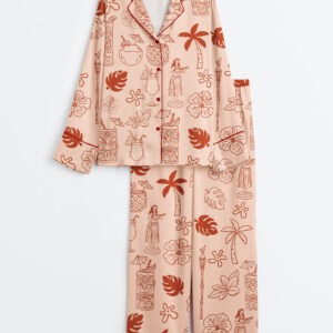 Women's Hand Drawn Tiki And Tropical Drinks Luau Party Print Long Sleeve Satin Pajamas Set