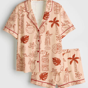 Womenâ€™s Hand Drawn Tiki And Tropical Drinks Luau Party Print Short Sleeve Satin Pajama Set