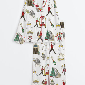 Women's Hand Drawn Watercolor Christmas Luxury Hotel Print Long Sleeve Satin Pajama Set