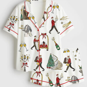 Womenâ€™s Hand Drawn Watercolor Christmas Luxury Hotel Print Short Sleeve Satin Pajama Set