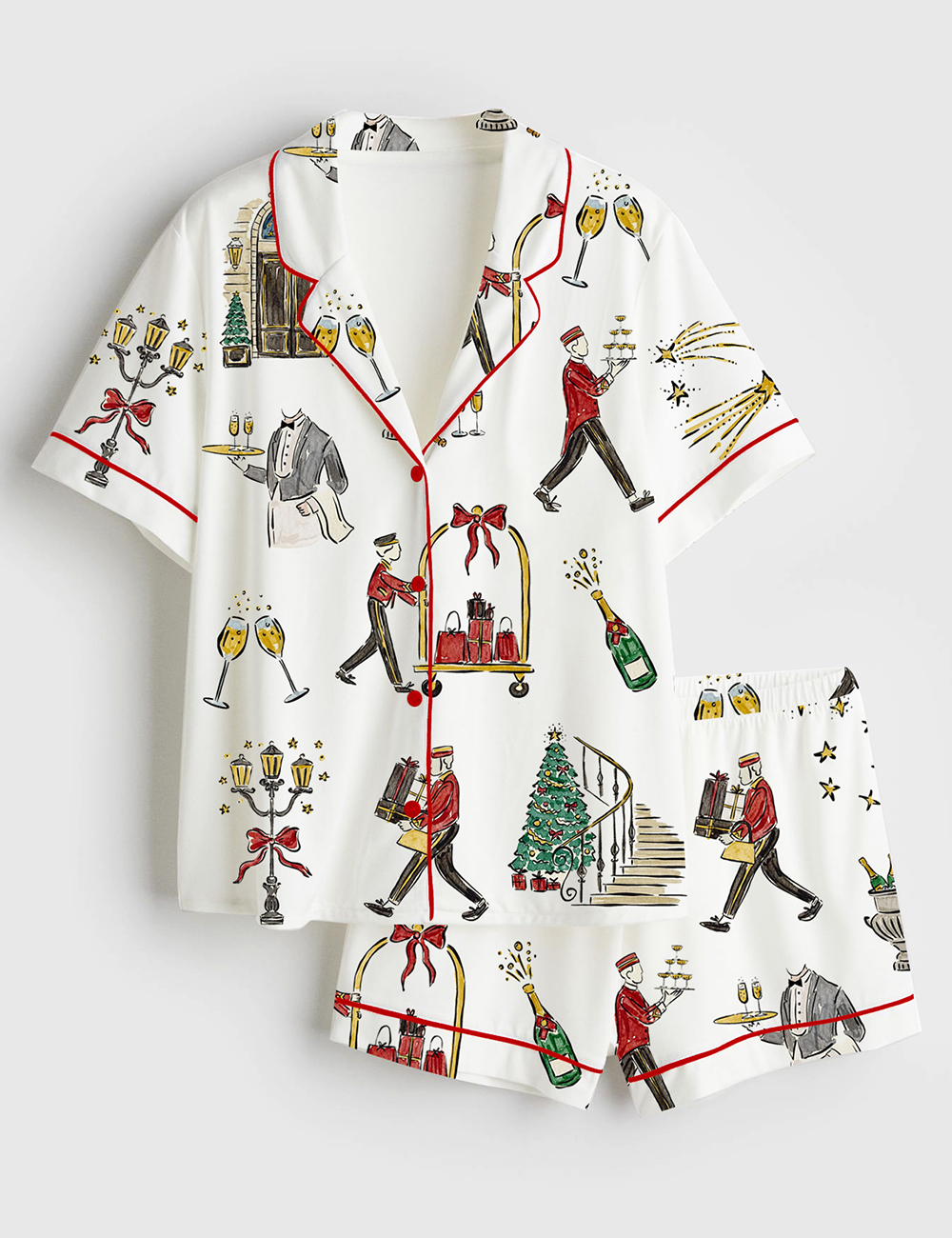 Womenâ€™s Hand Drawn Watercolor Christmas Luxury Hotel Print Short Sleeve Satin Pajama Set