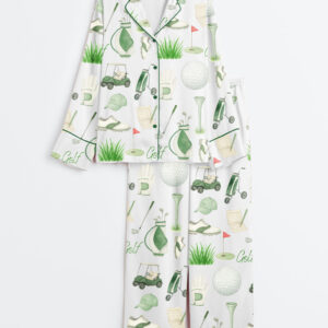 Womenâ€™s Hand Drawn Watercolor Golf Cart Clubs Ball And Scorecard Long Sleeve Satin Pajama Set