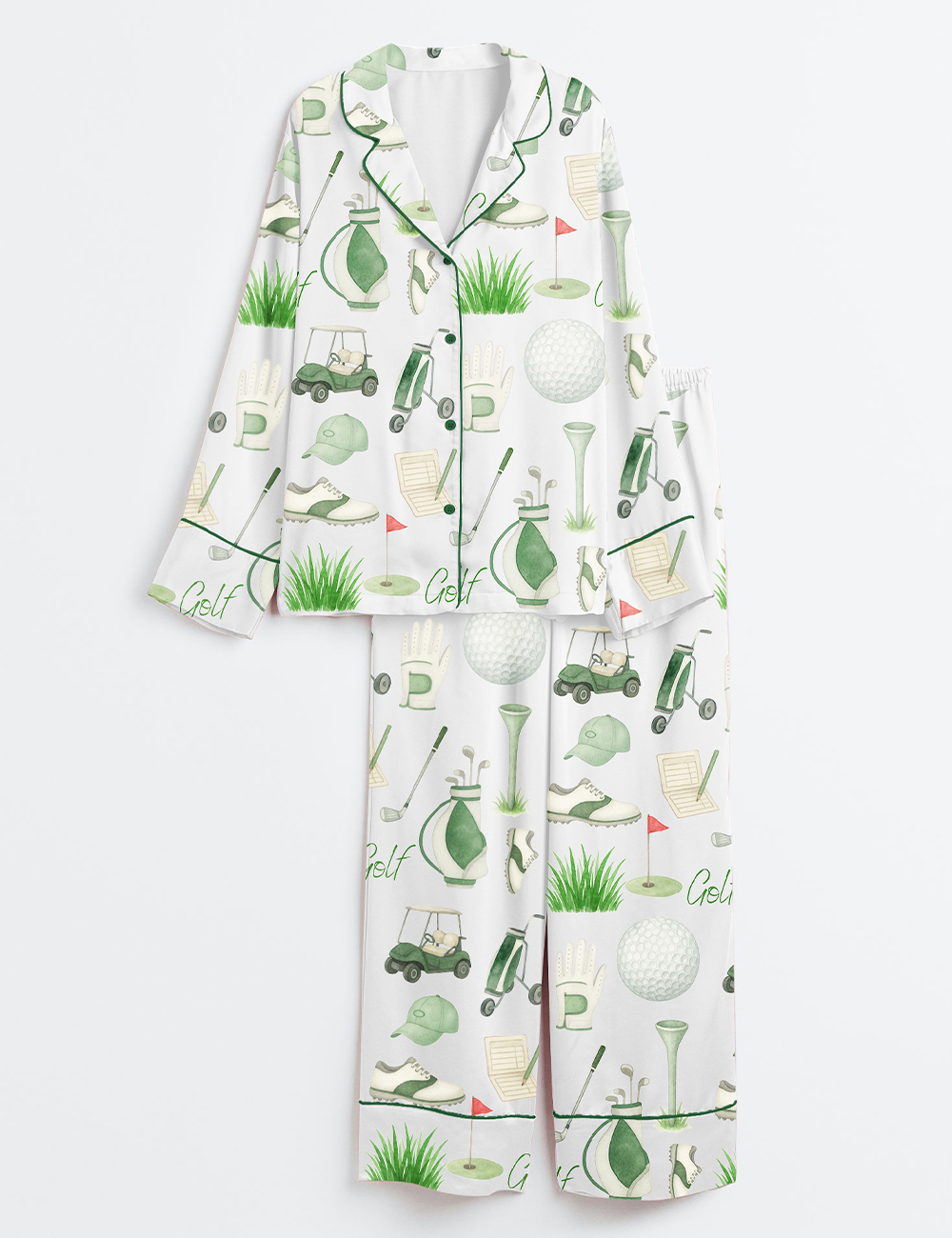 Women's Hand Drawn Watercolor Golf Cart Clubs Ball And Scorecard Long Sleeve Satin Pajamas Set