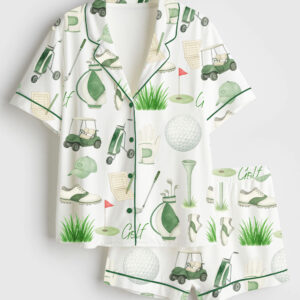 Womenâ€™s Hand Drawn Watercolor Golf Cart Clubs Ball And Scorecard Short Sleeve Satin Pajama Set