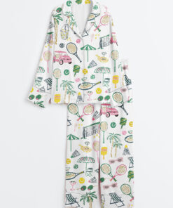 Women's Hand Drawn Watercolor Tennis Bachelorette Party Country Club Tennis Pickleball Aesthetic Print Long Sleeve Satin Pajama Set