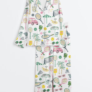 Womenâ€™s Hand Drawn Watercolor Tennis Bachelorette Party Country Club Tennis Pickleball Aesthetic Print Long Sleeve Satin Pajama Set