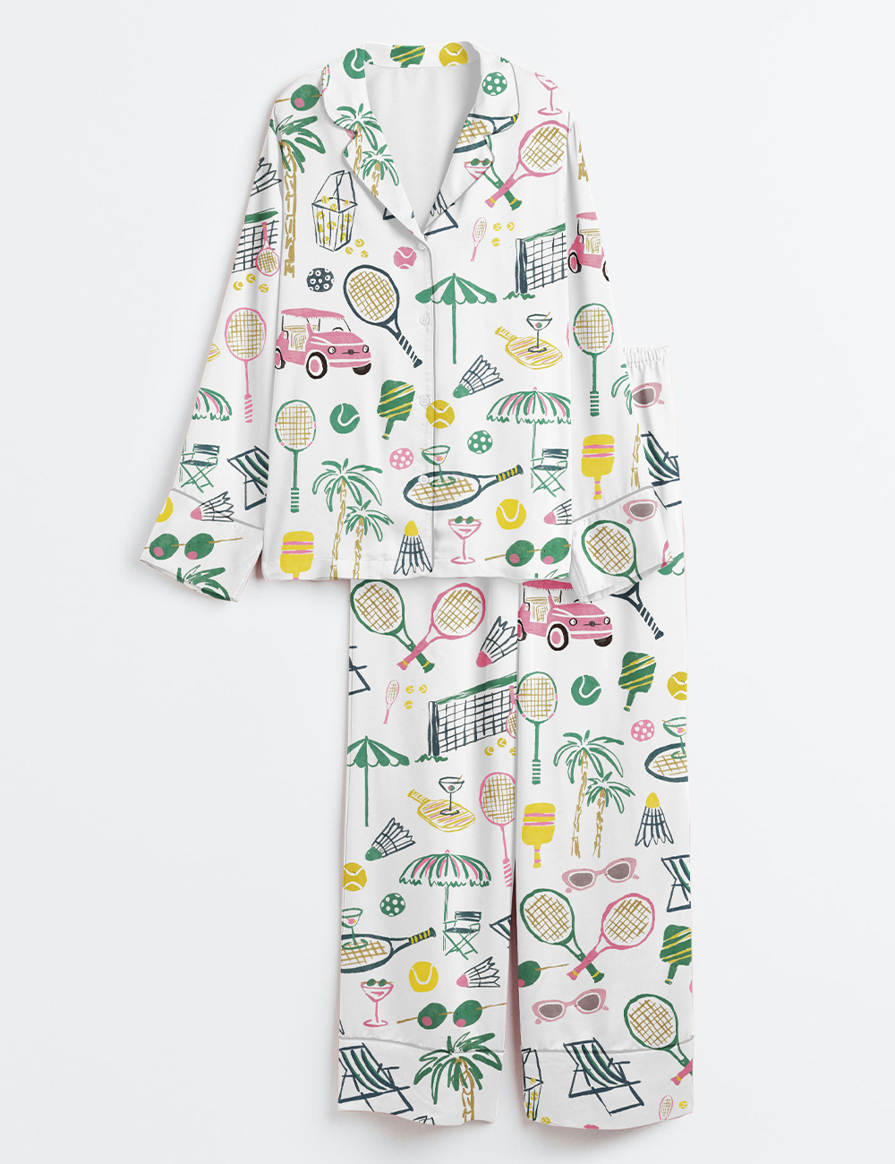 Womenâ€™s Hand Drawn Watercolor Tennis Bachelorette Party Country Club Tennis Pickleball Aesthetic Print Long Sleeve Satin Pajama Set