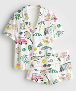 Women's Hand Drawn Watercolor Tennis Bachelorette Party Country Club Tennis Pickleball Aesthetic Print Short Sleeve Satin Pajama Set