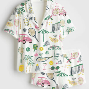 Womenâ€™s Hand Drawn Watercolor Tennis Bachelorette Party Country Club Tennis Pickleball Aesthetic Print Short Sleeve Satin Pajama Set