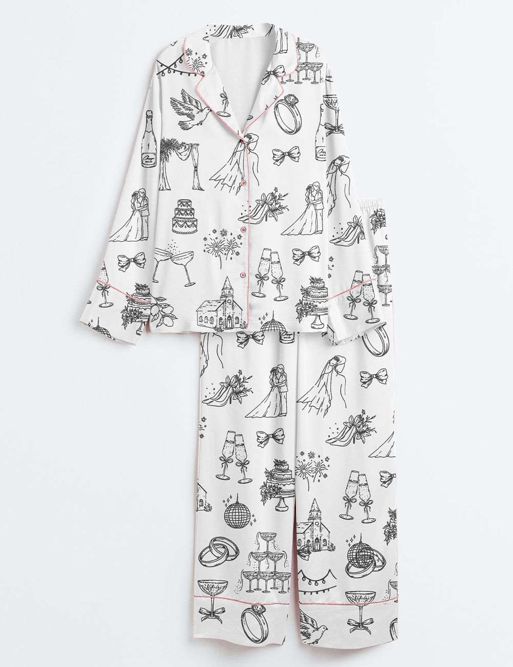 Womenâ€™s Hand Drawn Wedding Icons Champagne Wedding Timeline Print Long Sleeve Satin Pajama Set