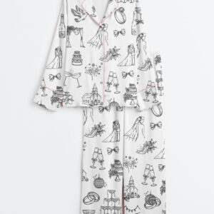 Women's Hand Drawn Wedding Icons Champagne Wedding Timeline Print Long Sleeve Satin Pajamas Set