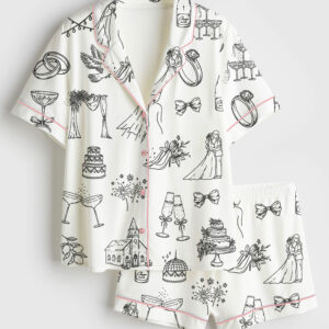 Womenâ€™s Hand Drawn Wedding Icons Champagne Wedding Timeline Print Short Sleeve Satin Pajama Set