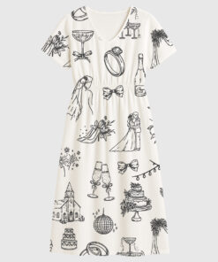Women's Hand Drawn Wedding Icons Champagne Wedding Timeline Short Sleeve Dress
