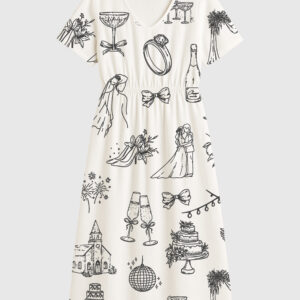 Womenâ€™s Hand Drawn Wedding Icons Champagne Wedding Timeline Short Sleeve Dress
