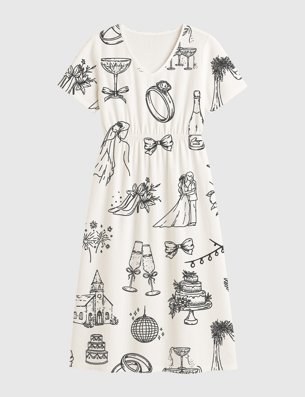 Womenâ€™s Hand Drawn Wedding Icons Champagne Wedding Timeline Short Sleeve Dress
