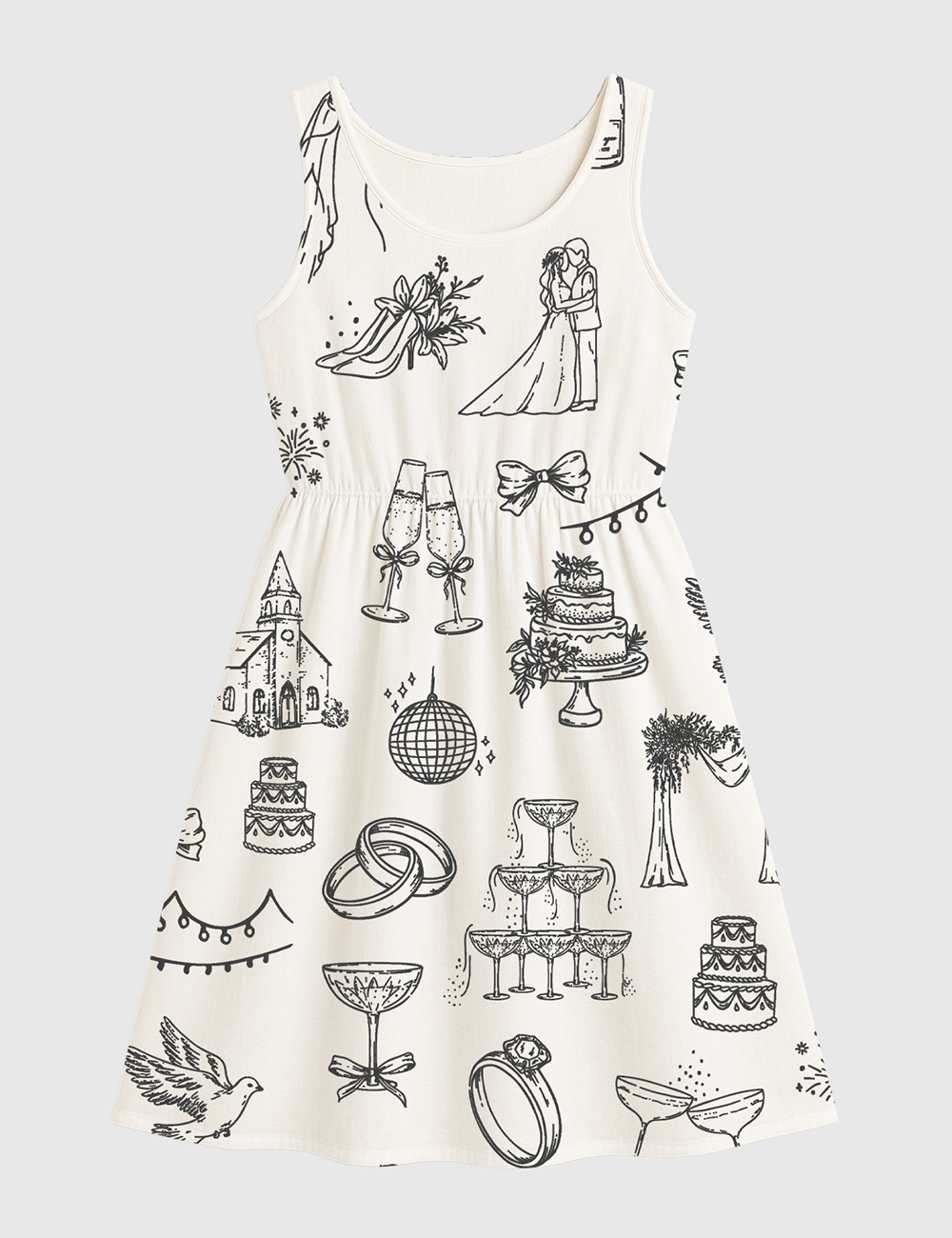 Womenâ€™s Hand Drawn Wedding Icons Champagne Wedding Timeline Sleeveless Dress