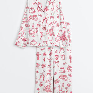 Women's Hand Drawn Wedding Long Sleeve Satin Pajamas Set