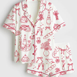 Women's Hand Drawn Wedding Short Sleeve Satin Pajama Set