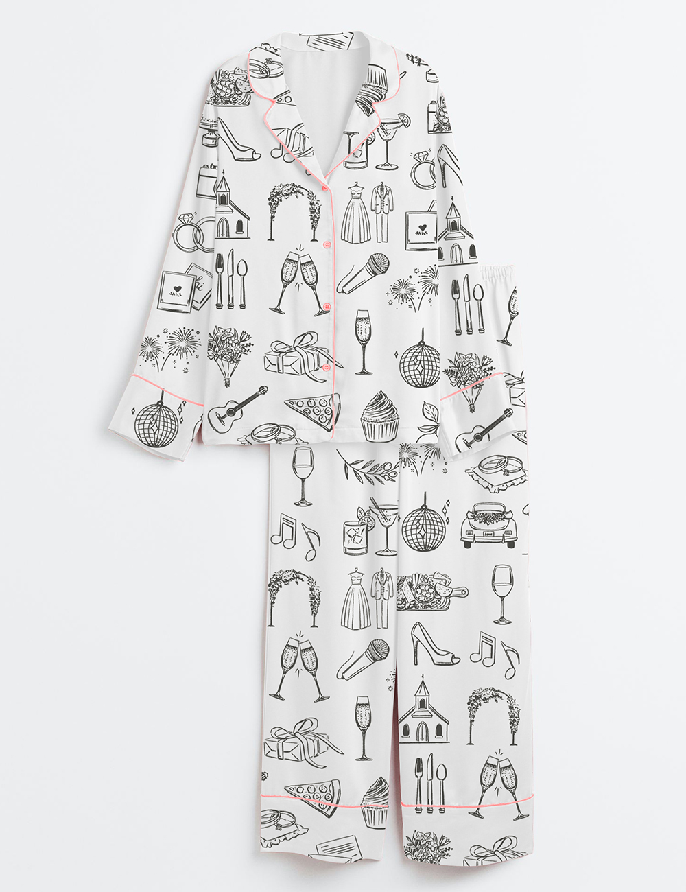 Womenâ€™s Hand Drawn Wedding Timeline Line Art Print Long Sleeve Satin Pajama Set