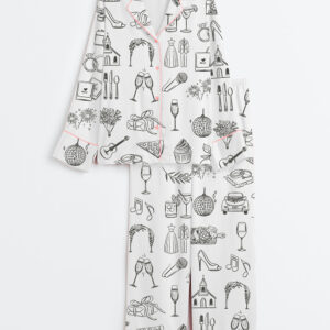 Women's Hand Drawn Wedding Timeline Line Art Print Long Sleeve Satin Pajamas Set