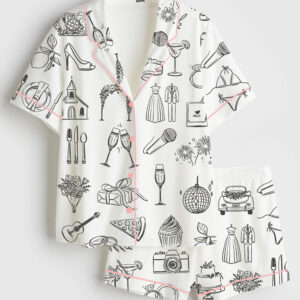 Womenâ€™s Hand Drawn Wedding Timeline Line Art Print Short Sleeve Satin Pajama Set